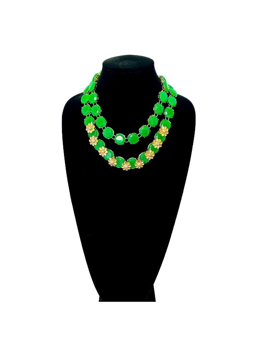 TALBOTS | Kelly Green Stone w Gold Flower Accents Statement Necklace | NWOT